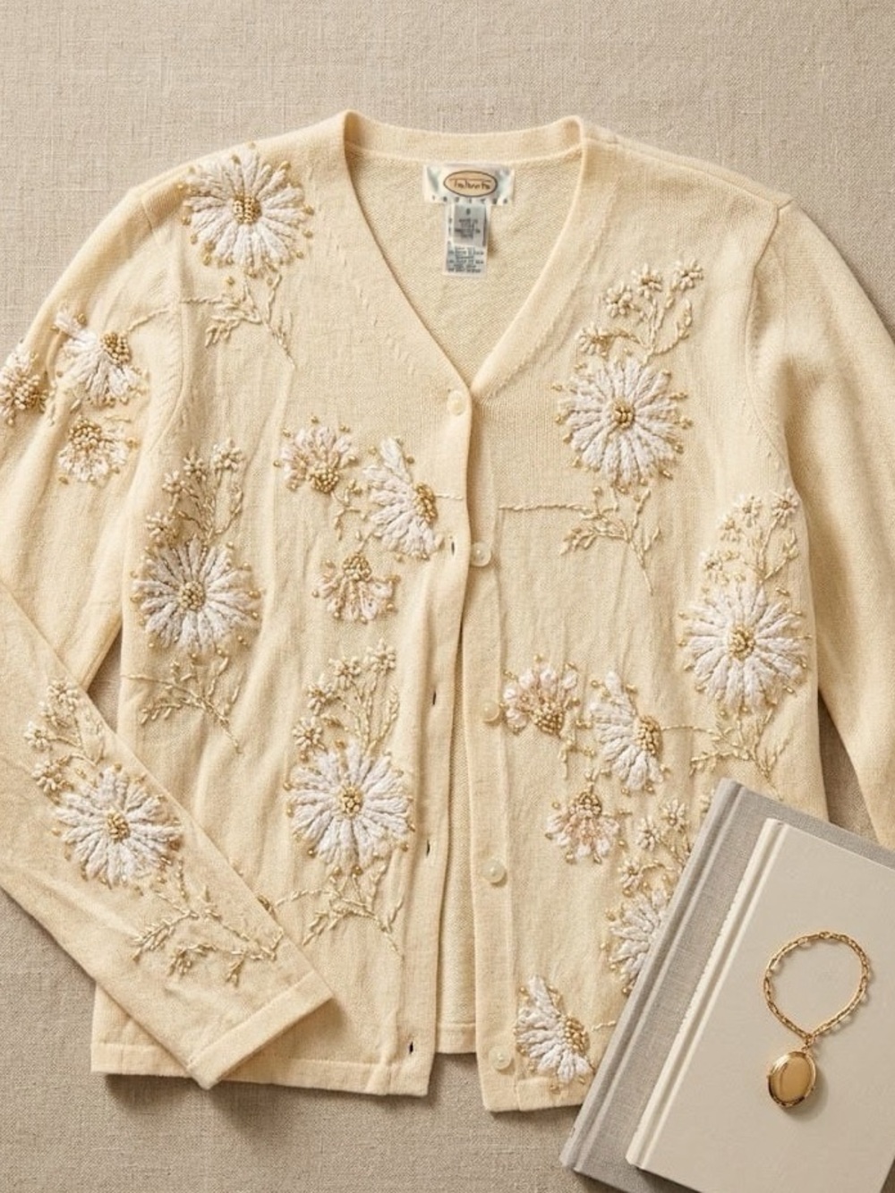 Talbots Petites Beaded Floral Cardigan Cream Knit Embroidered Cottagecore Luxe S
